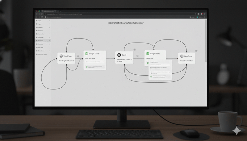 seo programmatique automatisé, workflow IA SEO, génération d’articles IA, automatisation contenu WordPress, Google Sheets idées articles, Make scénario automatisation, agent IA rédaction SEO, stack outils no code, monitoring Search Console SEO, méta title optimisé, méta description IA, maillage interne automatisé, données enrichies FAQ, KPI performance organique, courbe impressions Google, optimisation CTR SEO, netlinking sites de niche, calendrier éditorial automatisé, prompts IA spécialisés, test A/B titres SEO, alt text automatisé, plugin SEO WordPress, workflow multi sites niche, contenu longue traîne IA, génération FAQ automatique, rapport hebdomadaire SEO, data visualisation trafic, audit technique automatisé, IA playground OpenAI, monitoring conversions SEO, dashboard analytics contenu, base de données mots clés, rédaction assistée par IA, publication planifiée WordPress, contrôle qualité humain, température modèle IA, pénalité répétition tokens, architecture workflow SEO, thread mémoire conversation, pipeline production contenu, workflow SEO automatisé avec IA