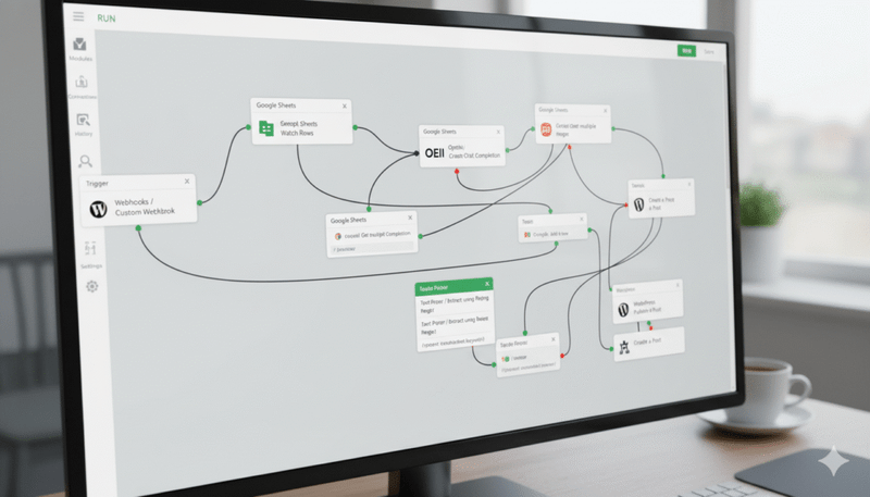 seo programmatique automatisé, workflow IA SEO, génération d’articles IA, automatisation contenu WordPress, Google Sheets idées articles, Make scénario automatisation, agent IA rédaction SEO, stack outils no code, monitoring Search Console SEO, méta title optimisé, méta description IA, maillage interne automatisé, données enrichies FAQ, KPI performance organique, courbe impressions Google, optimisation CTR SEO, netlinking sites de niche, calendrier éditorial automatisé, prompts IA spécialisés, test A/B titres SEO, alt text automatisé, plugin SEO WordPress, workflow multi sites niche, contenu longue traîne IA, génération FAQ automatique, rapport hebdomadaire SEO, data visualisation trafic, audit technique automatisé, IA playground OpenAI, monitoring conversions SEO, dashboard analytics contenu, base de données mots clés, rédaction assistée par IA, publication planifiée WordPress, contrôle qualité humain, température modèle IA, pénalité répétition tokens, architecture workflow SEO, thread mémoire conversation, pipeline production contenu, workflow SEO automatisé avec IA